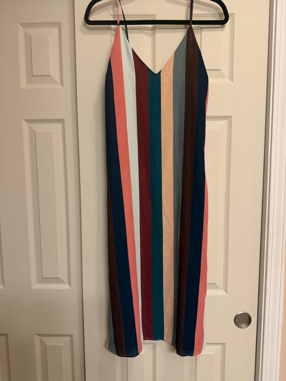 Multi-Stripe V-Neck Spaghetti Strap Dress - Pink, Teal, Navy